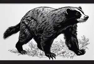 honey badger climbing over, claws near head, gentle face, legs hanging on trying to get over tattoo idea