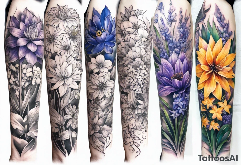 Full sleeve with larkspur and water Lilly, chrysanthemum and peony, Iris and violet, hawthorn and lily of the valley. Add a juniper tree and palm tree female tattoo tattoo idea