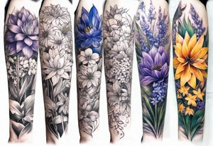 Full sleeve with larkspur and water Lilly, chrysanthemum and peony, Iris and violet, hawthorn and lily of the valley. Add a juniper tree and palm tree female tattoo tattoo idea