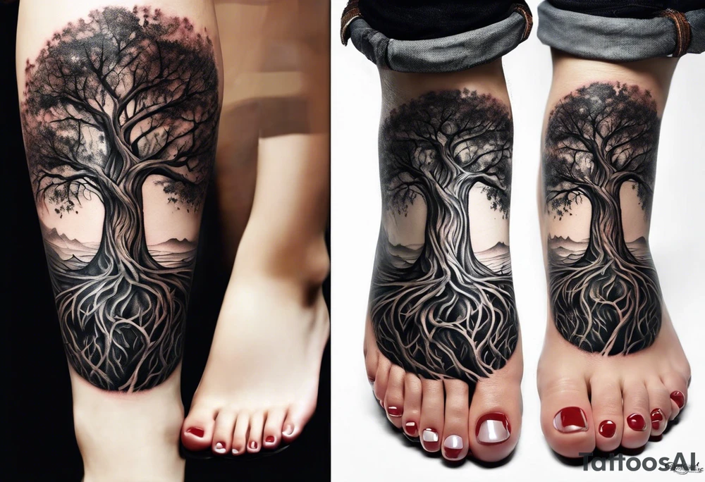 A Tattoo of a tree. Tree roots starting from my toes and growing upwards onto my leg into a tree.size of tattoo should not go above my knee tattoo idea