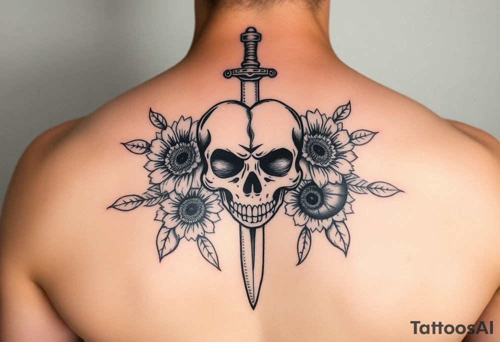 Skull, heart and dagger with roses and sunflowers tattoo idea