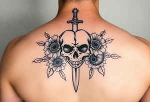Skull, heart and dagger with roses and sunflowers tattoo idea