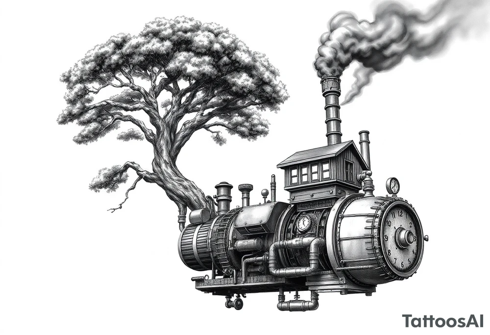tree growing out of a v shaped engine with lots of pipes, guages and steam around the engine 
 with a smoke stack coming out of the top 
 billowing black smoke as if the tree and engine were a flying machine flying through the air 
 with an extreme steam punk vibe alot more steam punk 
it should look somewhat like a hot air baloon where the tree is the balloon and the machine is the basket but they are together as one unit, and the sky should have clouds in the back ground as if it were chugging along flying through the sky and needs to look extremely steam punk
the smoke stack should be coming out of the tree and the smoke should be trailing behind the machine 
the tree is the actual smoke stack for the machine 
the smoke stack should be a branch pointing up and out with smoke billowing out of it 
and the motor should be a motor that is kind of shaped like the letter V
and there should be a little tree house built in the tree with steam punk looking windows and some stairs down to a platform on the top of the engine tattoo idea