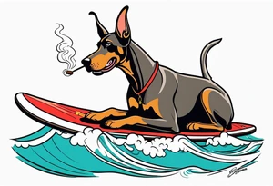 doberman smoking a cigar on a surfboard with a goat with larger horns tattoo idea