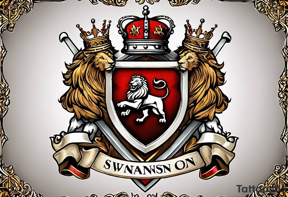 Swanson coat of arms on a shield with crossed skis behind the shield. there is a lion with a crown behind them both tattoo idea