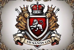 Swanson coat of arms on a shield with crossed skis behind the shield. there is a lion with a crown behind them both tattoo idea