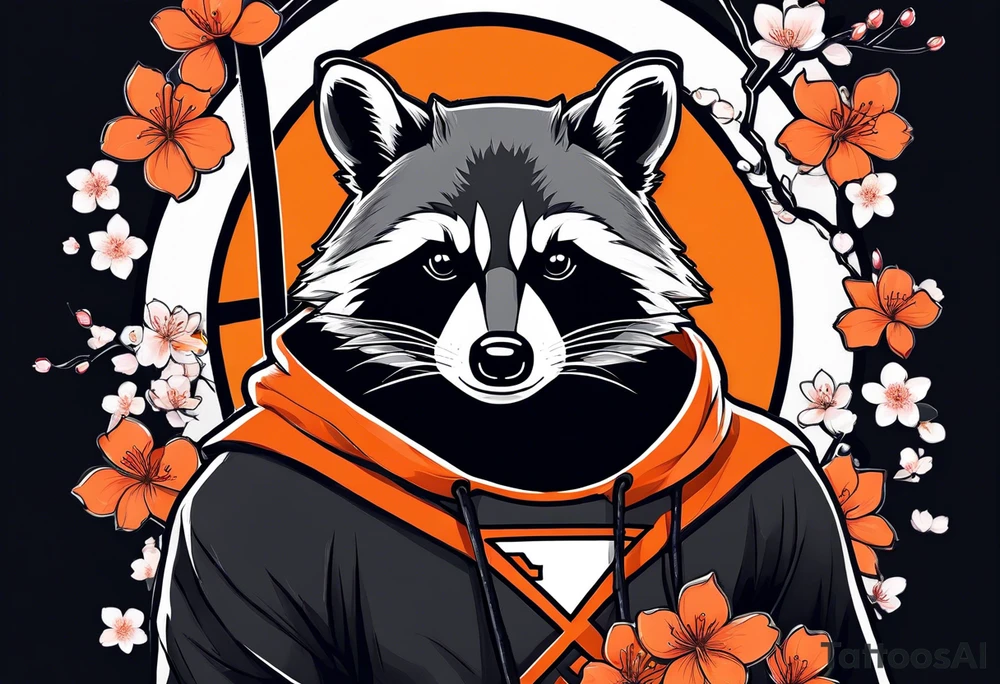 Raccoon wearing a white Superman logo on a black hoodie and orange Japanese cherry blossoms tattoo idea