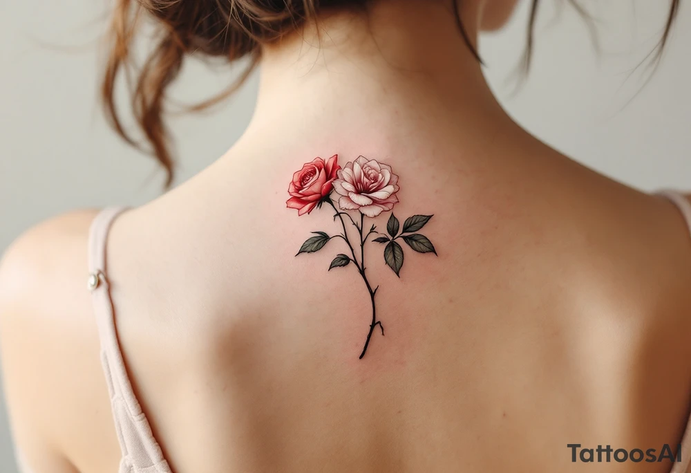 Three blossom roses in different stages of bloom—white (beginning), pink (growth), and deep red (passion)—sorted one under another tattoo idea