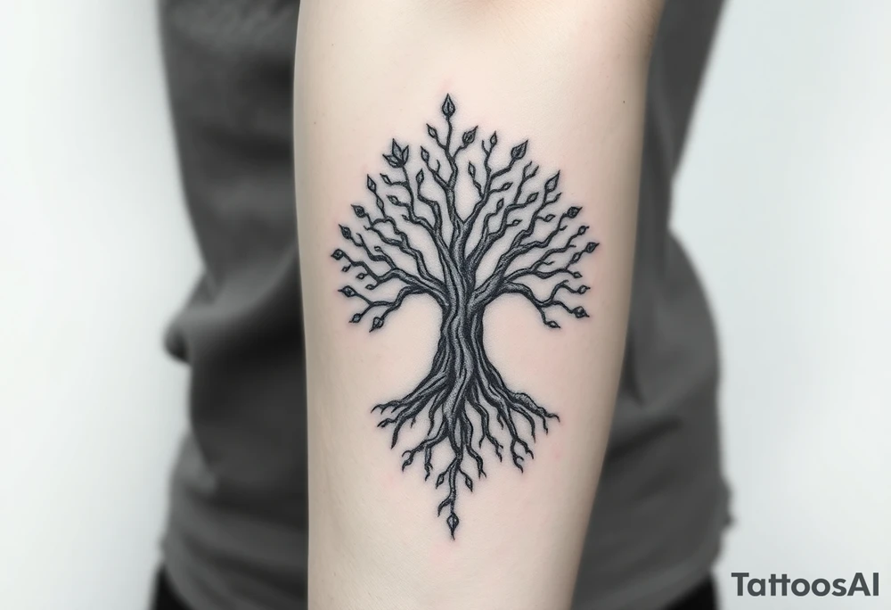 mystical tree of life with cosmic roots and celestial branches tattoo idea