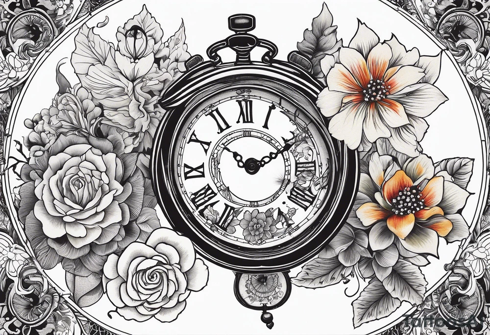 Floral, paisley, witch, 3 pocket watches, celestial tattoo idea