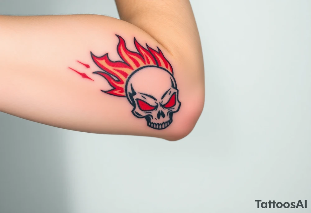 A fierce skull with flames emerging from its eyes, painted in black and red, representing aggression and power tattoo idea