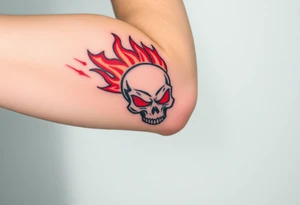 A fierce skull with flames emerging from its eyes, painted in black and red, representing aggression and power tattoo idea