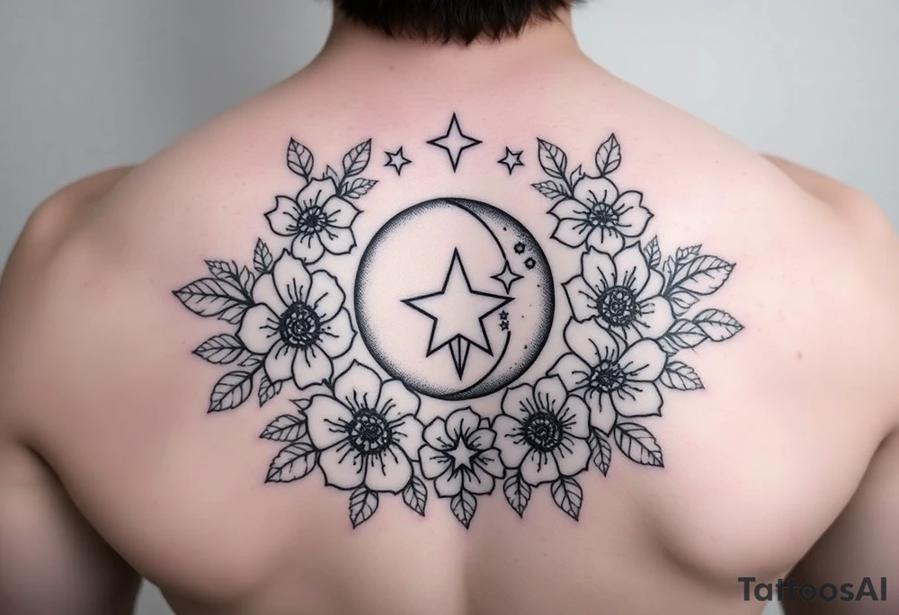 Flowers surrounded by moon and star design tattoo idea