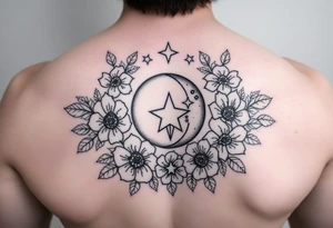 Flowers surrounded by moon and star design tattoo idea