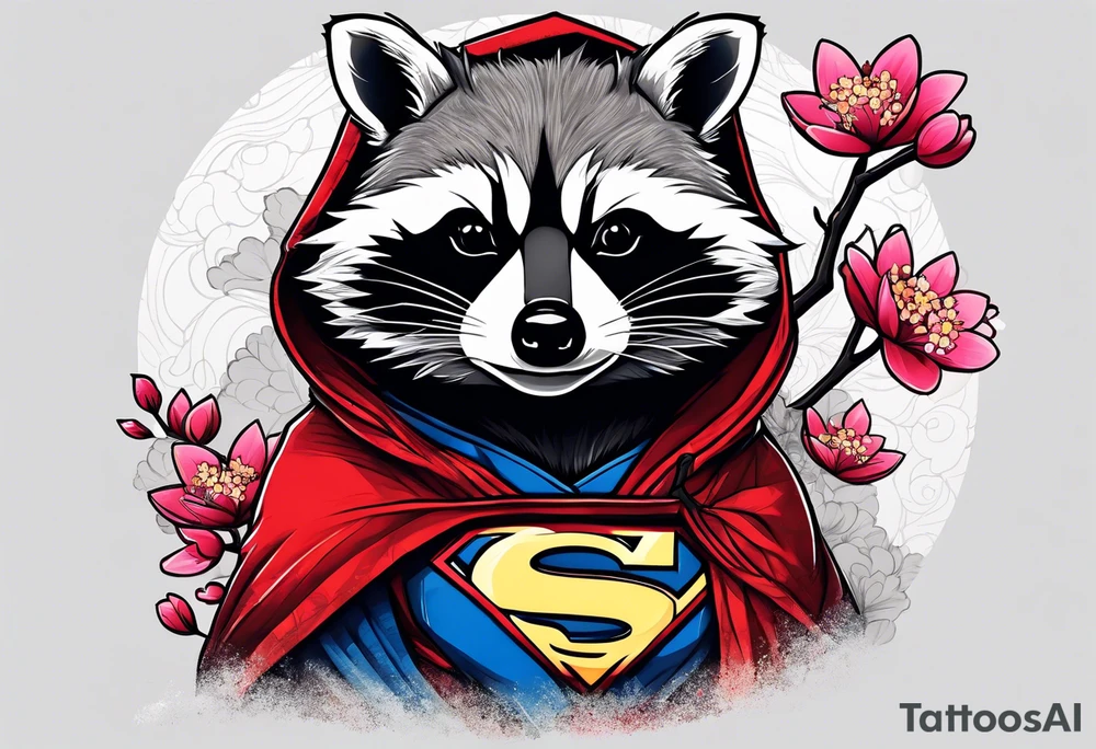 Raccoon wearing a Superman hoodie and Japanese cherry blossoms tattoo idea
