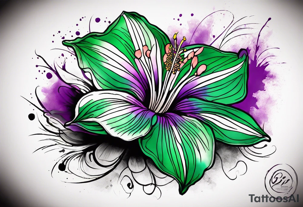 An outline of a rio dipladenia flower with a mystical green/purple watercolor splash in the background tattoo idea