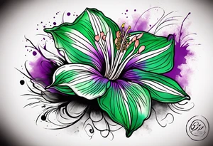 An outline of a rio dipladenia flower with a mystical green/purple watercolor splash in the background tattoo idea