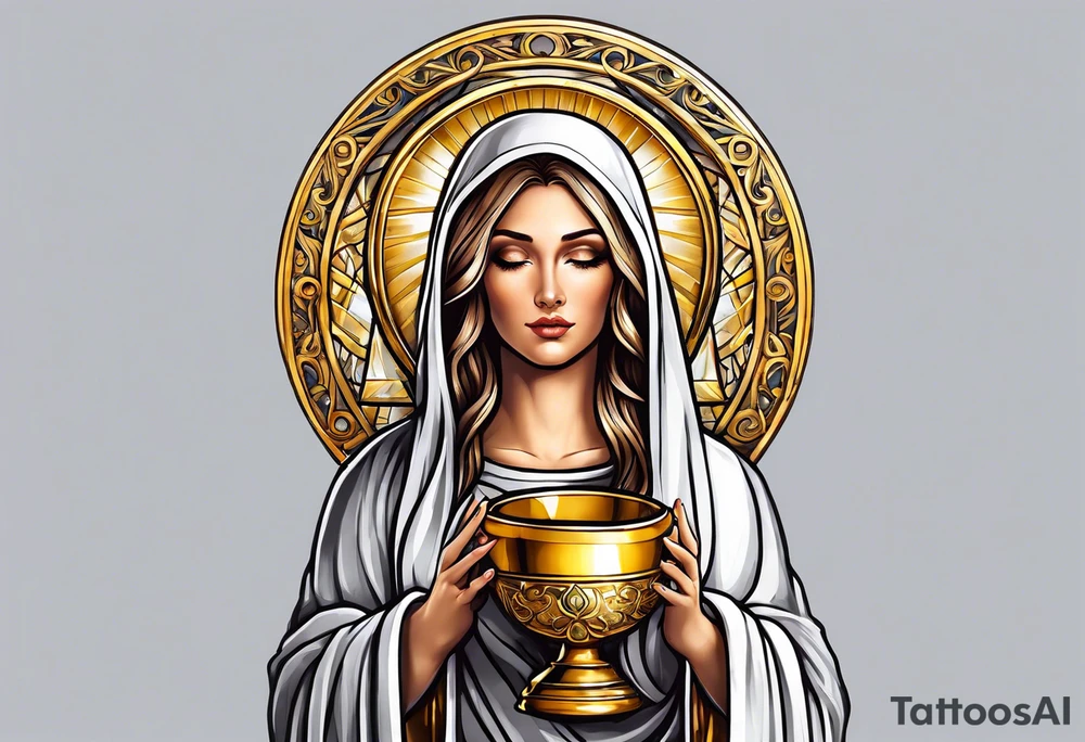 holy saint woman with golden halo holding a chalice tattoo idea