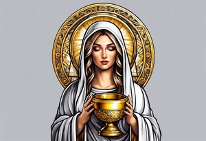 holy saint woman with golden halo holding a chalice tattoo idea