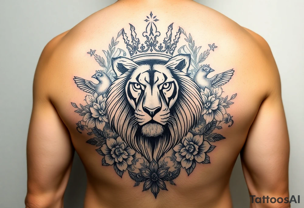 powerful majestic lion with a crown, surrounded by floral ornaments and birds tattoo idea