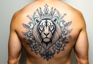 powerful majestic lion with a crown, surrounded by floral ornaments and birds tattoo idea