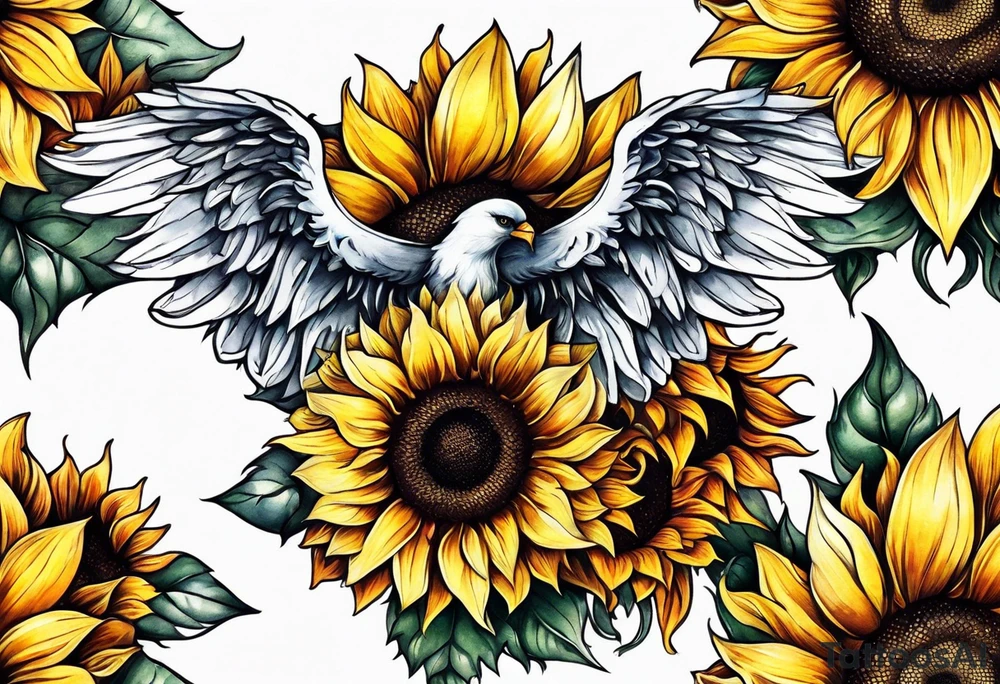 Sunflowers and angel wings leg sleeve tattoo idea