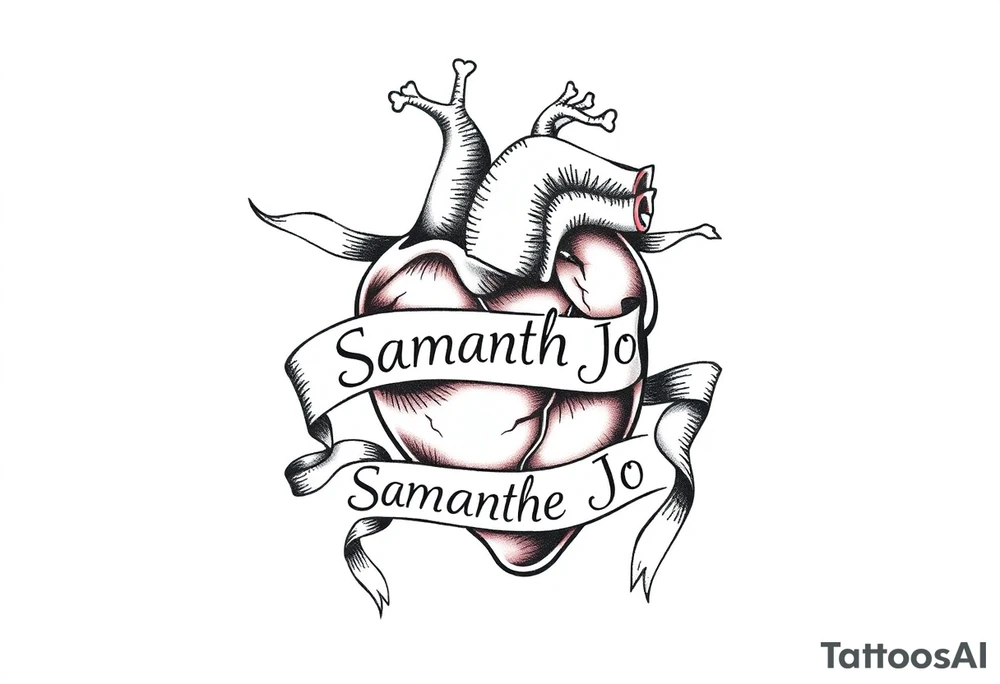 anatomical heart with flowing ribbons with the name Samantha Jo tattoo idea