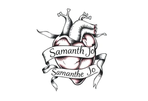 anatomical heart with flowing ribbons with the name Samantha Jo tattoo idea