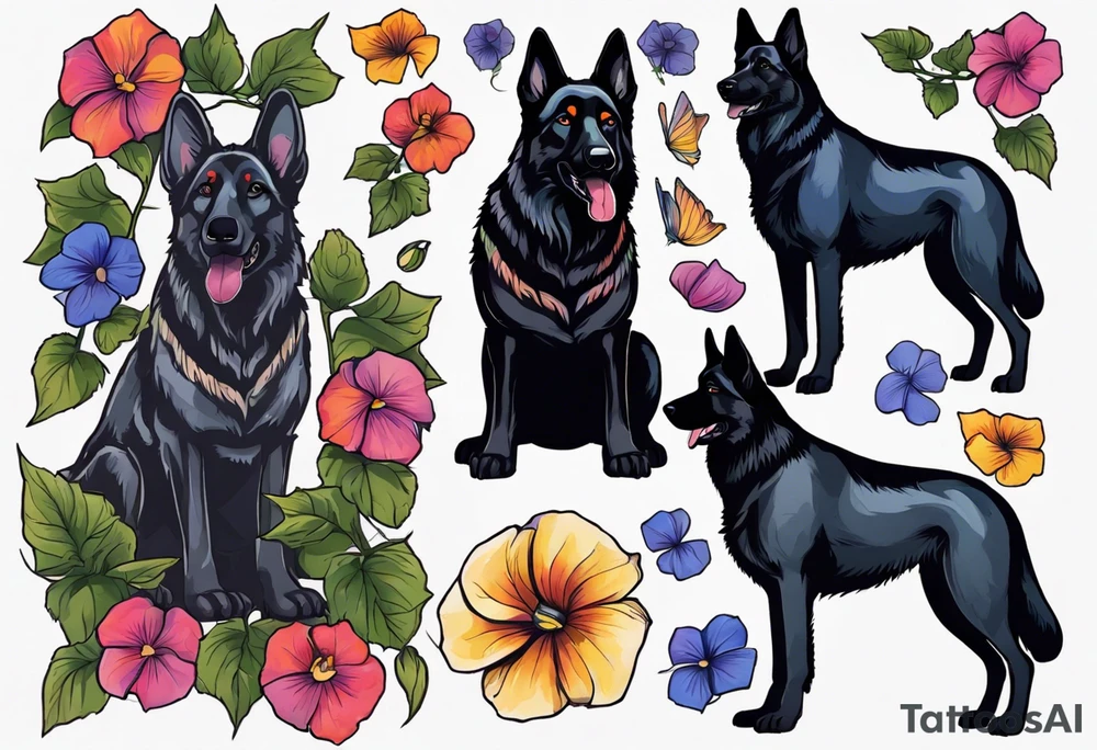 Black German shepherd portrait brightly colored with morning glories tattoo idea