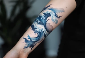 A soft blue watercolor wave wraps around the wrist, fading into foamy white tips. tattoo idea