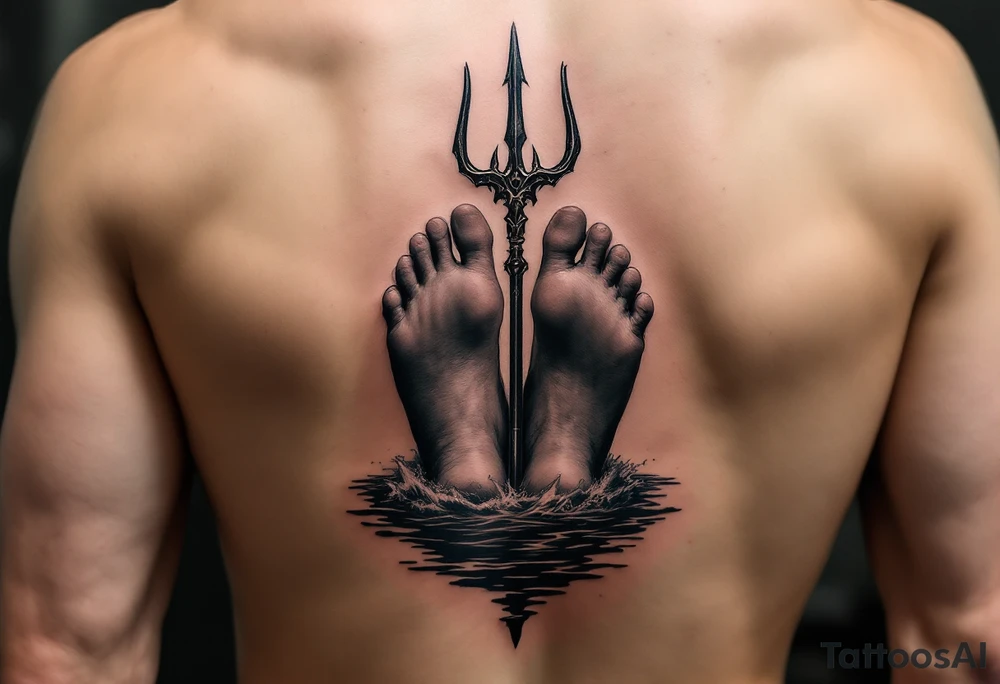 barefeet behind trident with water and sunset tattoo idea