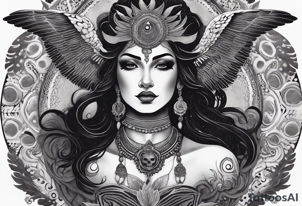black kali, goddess pirate, alien, angel, pachamama, valkrye, warrior, flying, skull, lotus azul, wing, eagle, zenza resonance, stars, 5D, anahata chakra, death, durga, riding on a tiger, flying lady, kundalini, chest tatoo, samuri, rebel, serpent tattoo idea