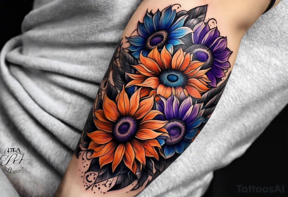 Full arm sleeve with purple, orange and blue sunflowers tattoo idea