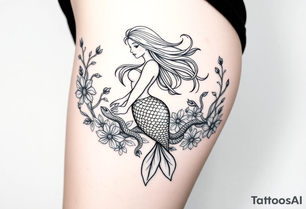 ethereal mermaid with flowing hair among coral and sea flowers and snakes tattoo idea