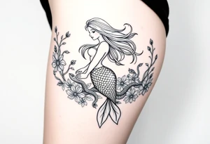 ethereal mermaid with flowing hair among coral and sea flowers and snakes tattoo idea