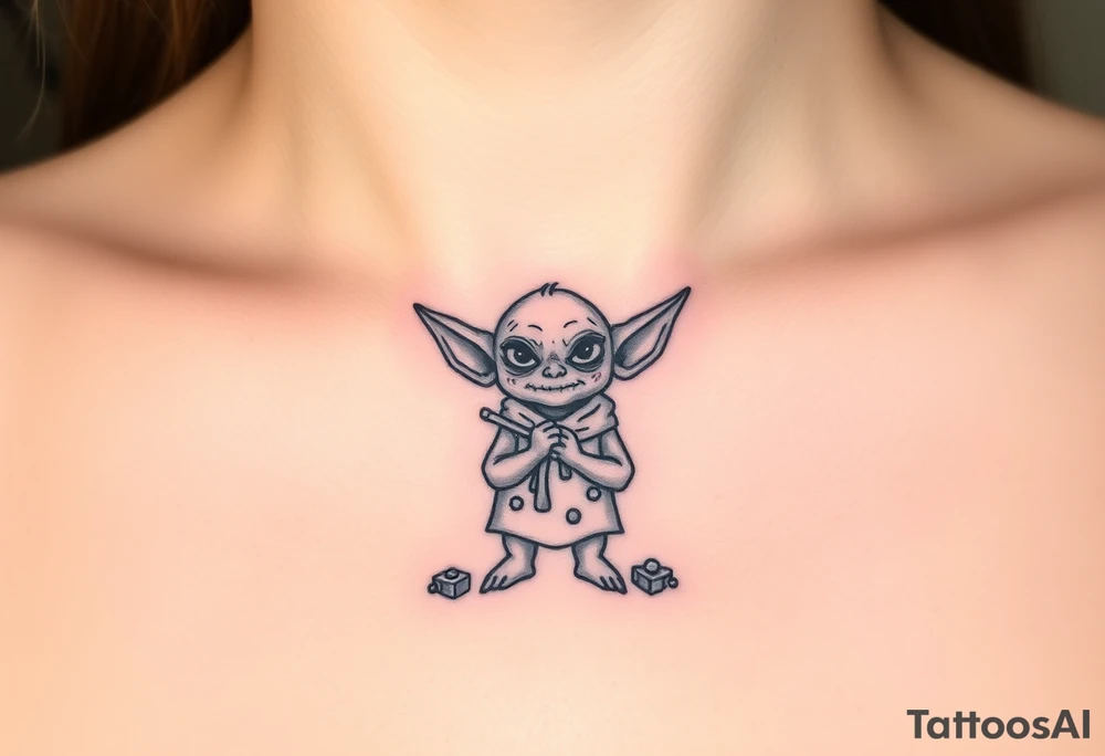 Tiny goblin with paint all over their clothes tattoo idea