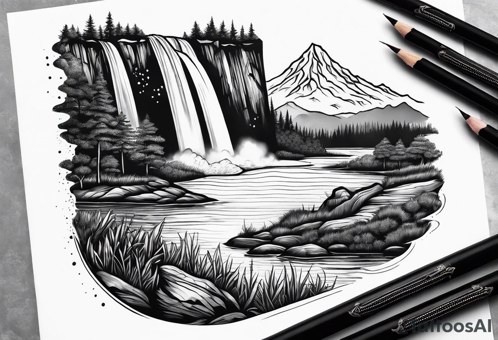 nature landscape with a waterfall tattoo idea