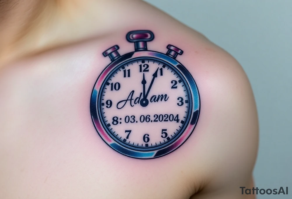 A stopwatch clock, which contains the child’s name "Adam" and birth date "03. 06. 2020", in blue, purple, and silver tattoo idea