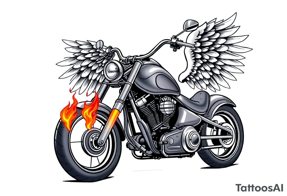 Low rider grey motorcycle, big muffler pipes with flames, angel wings, driving away, no person tattoo idea