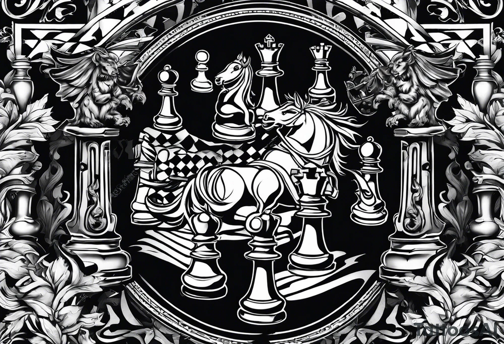 Design featuring a chessboard with angelic and demonic chess pieces engaged in a strategic game, symbolizing the eternal battle between opposing forces. tattoo idea
