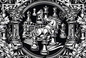 Design featuring a chessboard with angelic and demonic chess pieces engaged in a strategic game, symbolizing the eternal battle between opposing forces. tattoo idea