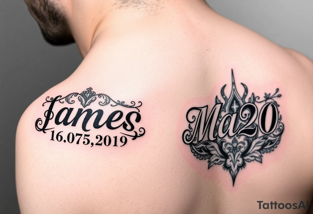 the dates 16.07.2020. 04.05.2019 tattoo ideas with the name James on the year 2019 and mason on the year 2020 tattoo idea