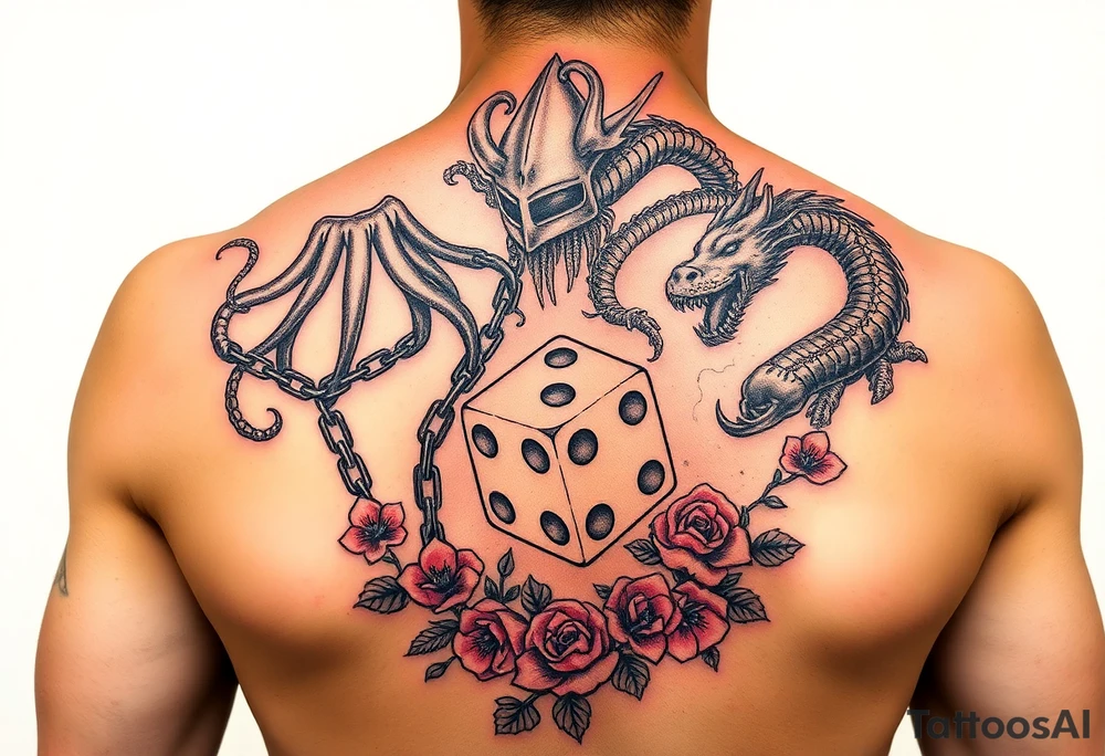 squid, knight and dragon combined with chains, tree roots, cherry blossoms and roses rolling dice tattoo idea
