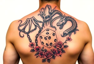 squid, knight and dragon combined with chains, tree roots, cherry blossoms and roses rolling dice tattoo idea