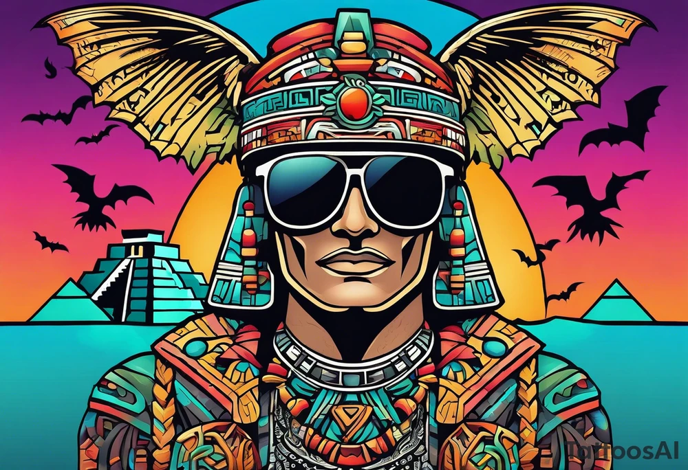 Colorful ancient Mayan hieroglyph wearing sunglasses reflecting Chichen itza and bats tattoo idea