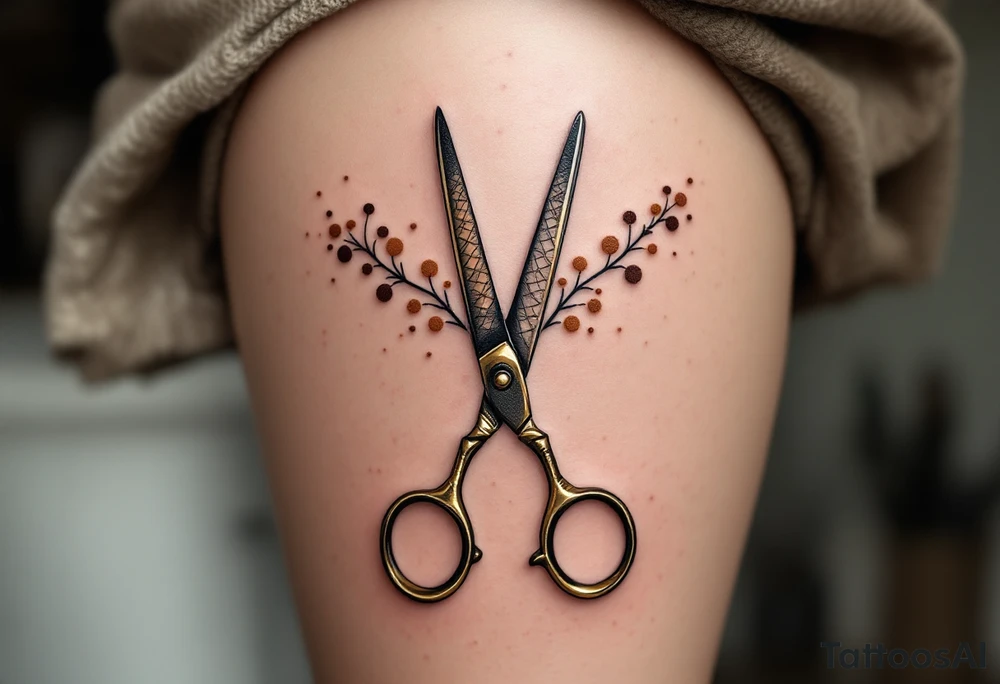 Scissors and Sewing Machine Tattoo – A pair of old-fashioned brass scissors paired with a sewing machine, shaded in earth tones like brown, tan, and gold, creating a nod to craftsmanship and sewing artistry. tattoo idea
