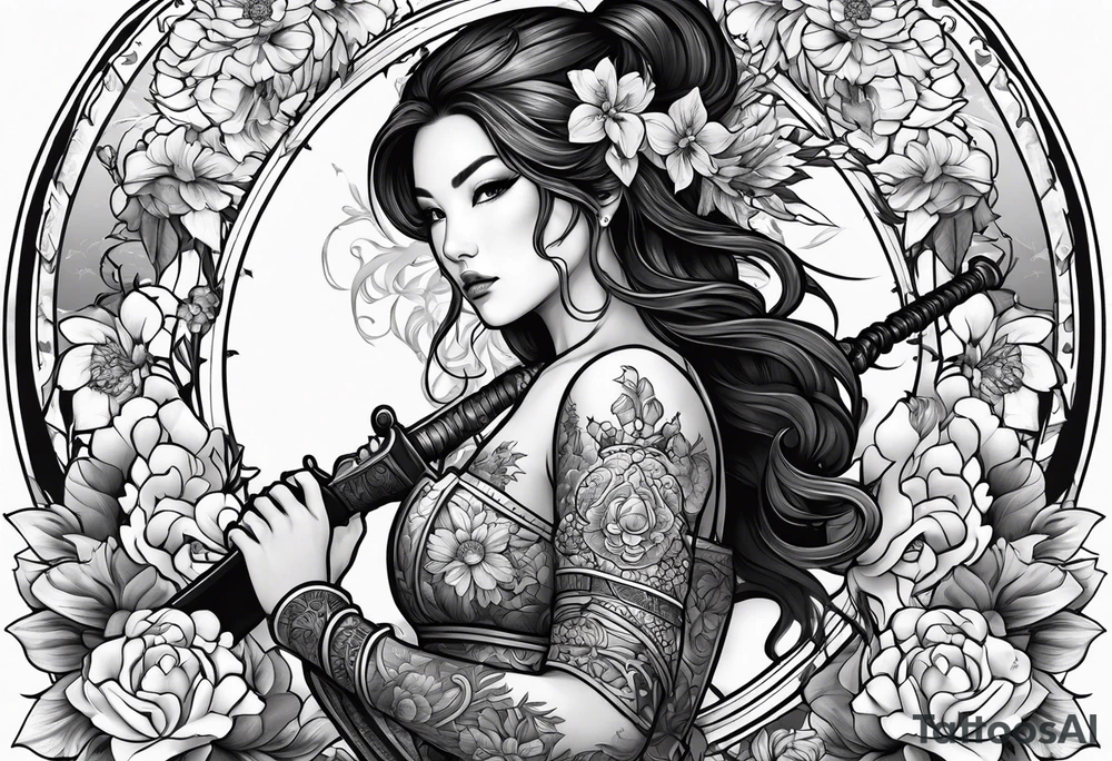 ornate beautiful woman warrior with weapon & floral surrounding tattoo from head to torso tattoo idea