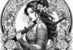 ornate beautiful woman warrior with weapon & floral surrounding tattoo from head to torso tattoo idea