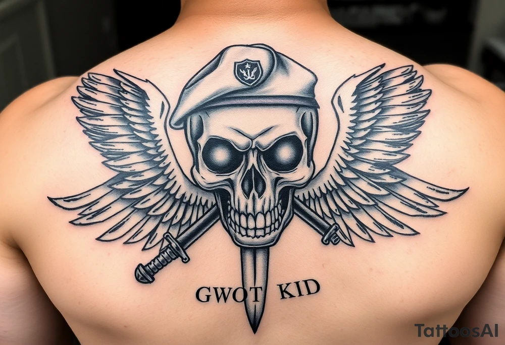 Create me military tattoo with skull, sword, beret on skull and word that say GWOT kid with wings tattoo idea