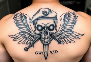 Create me military tattoo with skull, sword, beret on skull and word that say GWOT kid with wings tattoo idea